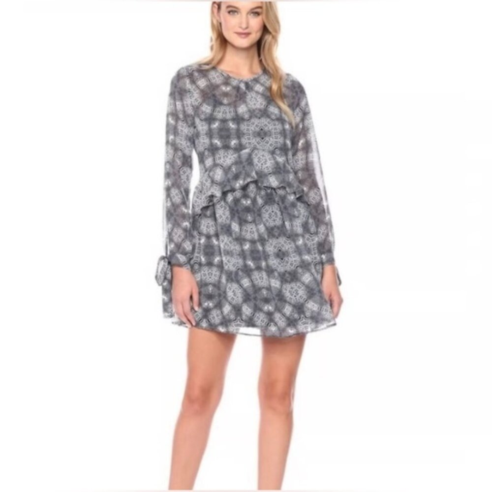 NWT SAM EDELMAN Peplum Tie Sleeve Sheer Mini Dress Blue Snake Skin Pockets Sz 10